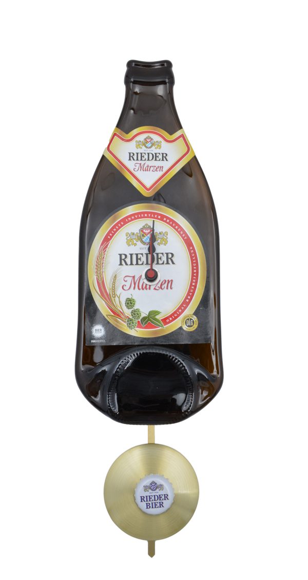 Bierflaschenuhr mit Pendel von Rieder Bier • Wanduhr